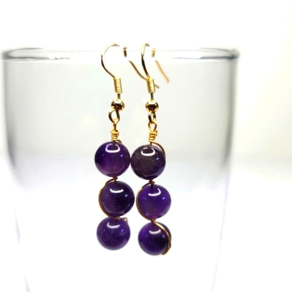 Amethyst Ball Drop Earrings With Gold Wiring